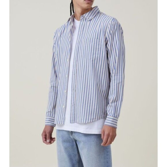 Men’s Cotton on Garments Mayfair Long Sleeve Shirt color Stone Stripes Size S NW - Picture 3 of 7